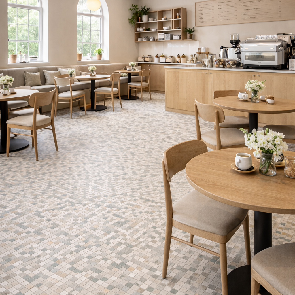 모자이크 타일 (Mosaic Tile)<br>욕실·주방 벽 | 포인트용 | 시공 난이도 높음